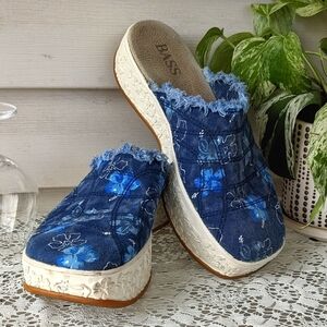 Y2K 90s Vintage Floral Distressed Chunky Platform Mules Clog Sandals Blue Size 8